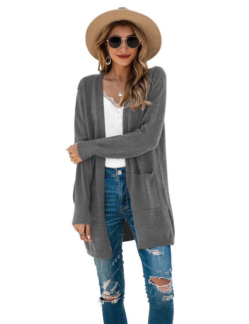 TASAMO Women's Loose Open Front Long Sleeve Solid Color Knit Cardigans Sweater Blouses with Packets (2X-Large,Gray) - Image 4